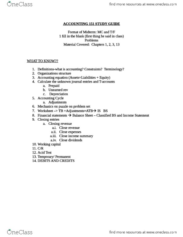 ACC 151 Study Guide - Fall 2012, Midterm - Financial Statement ...