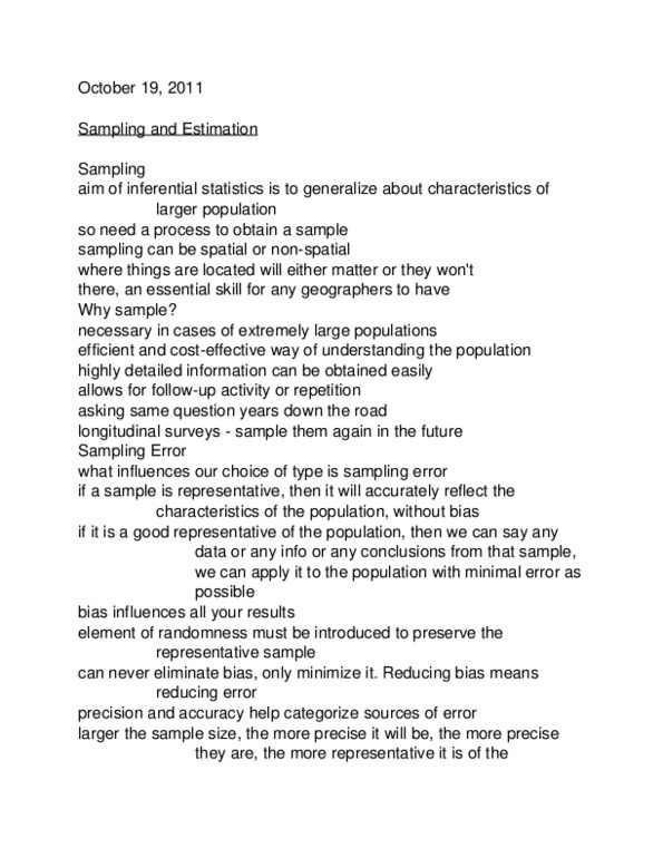 GGR270H1 Lecture Notes - Statistical Inference, Systematic Sampling, Transect thumbnail