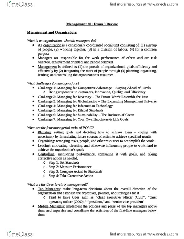 MANAGMNT 301 Midterm: Management 301 Exam 3 Review (scored 92%) - OneClass