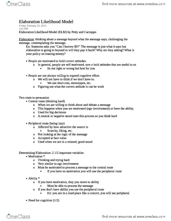 COMM 300 Study Guide Spring 2013 Elaboration Likelihood Model 