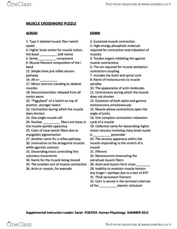 PCB 3703C Study Guide - Fall 2012, - Crossword, Skeletal Muscle, Sarcomere