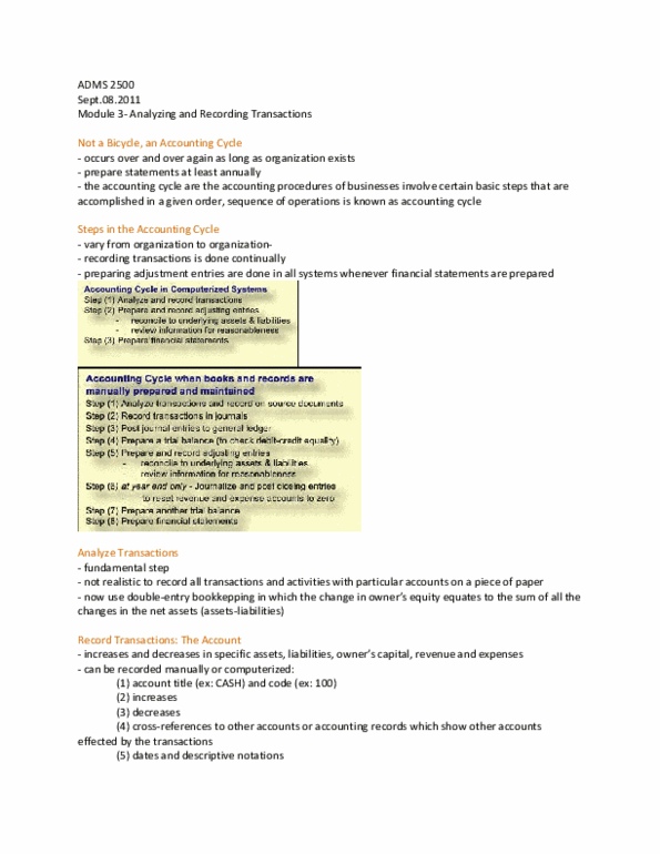 ADMS 2500 Chapter : Module 3- Analyzing and Recording Transactions thumbnail