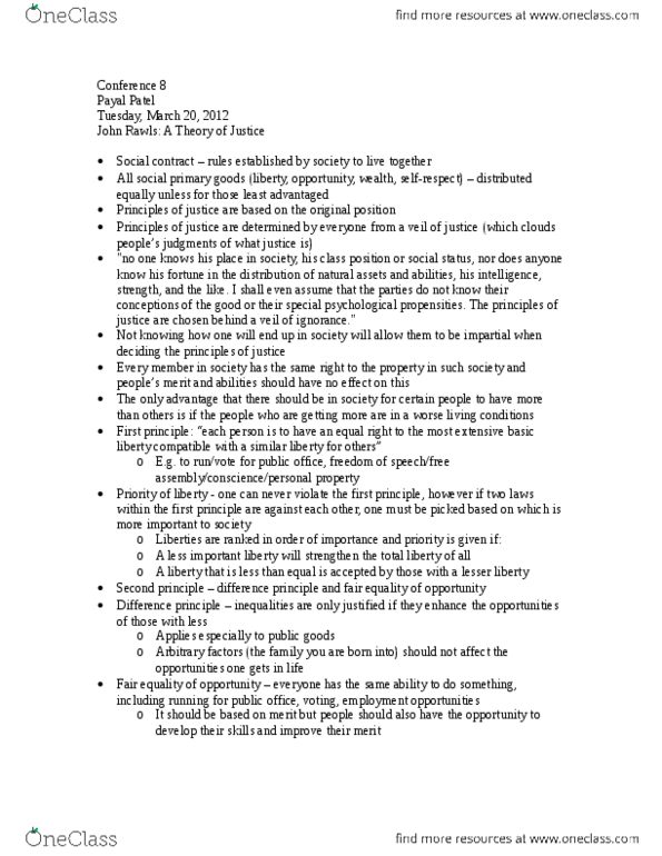 POLI 232 Lecture Notes - Social Contract, First Principle, Justice As Fairness thumbnail