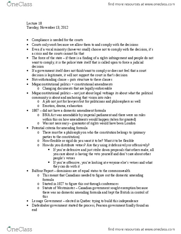 POLI 221 Lecture Notes - Lecture 18: Pierre Trudeau, Victoria Charter, Section 33 Of The Canadian Charter Of Rights And Freedoms thumbnail