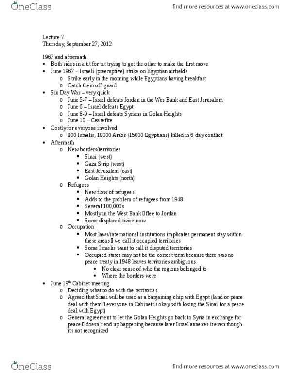 POLI 347 Lecture Notes - Lecture 7: Fatah, Six-Day War, Political Status Of Crimea thumbnail