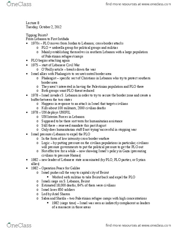 POLI 347 Lecture Notes - Lecture 8: Palestinian Refugees, Posttraumatic Stress Disorder, United Nations Interim Force In Lebanon thumbnail