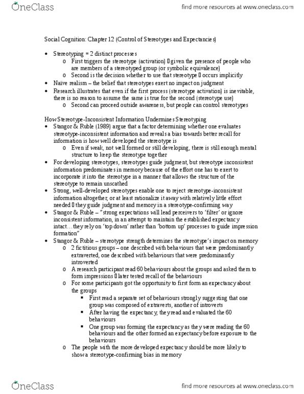 PSYC 473 Chapter Notes - Chapter 12: Stereotype, Contact Hypothesis, Statistical Hypothesis Testing thumbnail