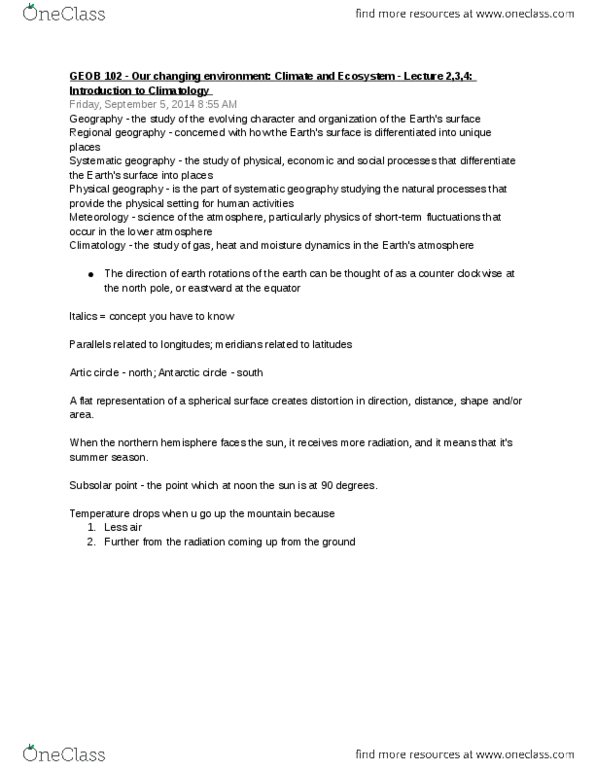 GEOB 102 Lecture Notes - Antarctic Circle, Subsolar Point, Climatology thumbnail