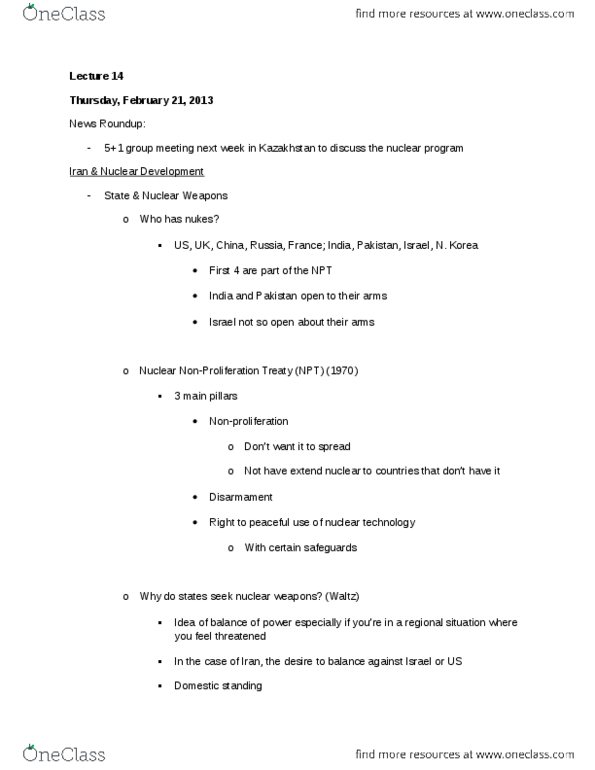 POLI 341 Lecture Notes - Lecture 14: Mahmoud Ahmadinejad, Nuclear Technology, Enriched Uranium thumbnail