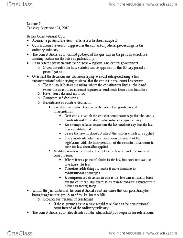 POLI 330 Lecture Notes - Lecture 7: Federal Constitutional Court, Political Question, Planned Economy thumbnail