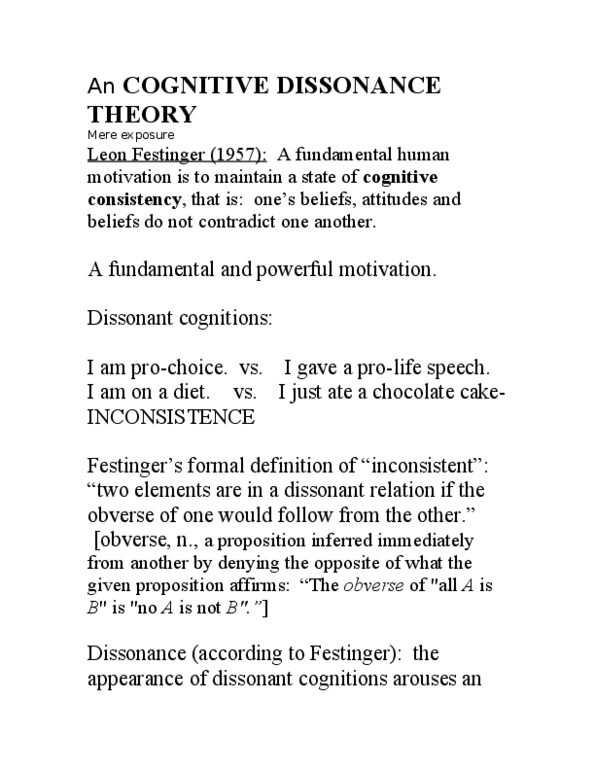 PSY220H1 Lecture Notes - Leon Festinger, Chocolate Cake, Cognitive Dissonance thumbnail