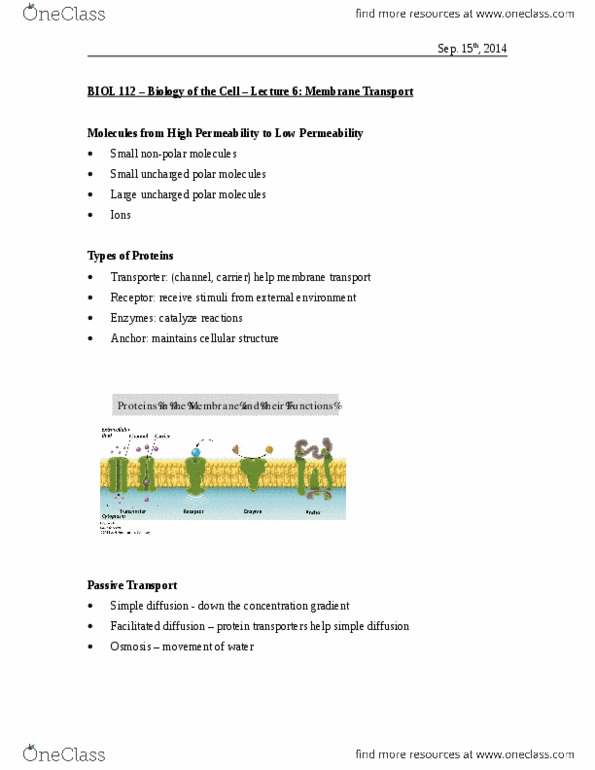 BIOL 112 Lecture Notes - Lecture 6: Facilitated Diffusion, Passive Transport, Membrane Transport thumbnail