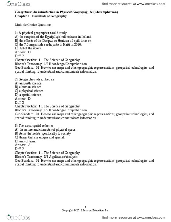 GEO 110 Chapter Notes - Chapter Quiz: Pearson Education, Geomatics, Physical Geography thumbnail