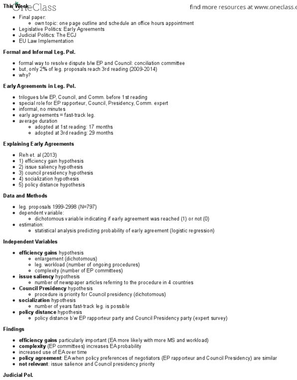 POLI 451 Lecture Notes - Lecture 9: Dependent And Independent Variables, Presidency Of The Council Of The European Union, Rapporteur thumbnail