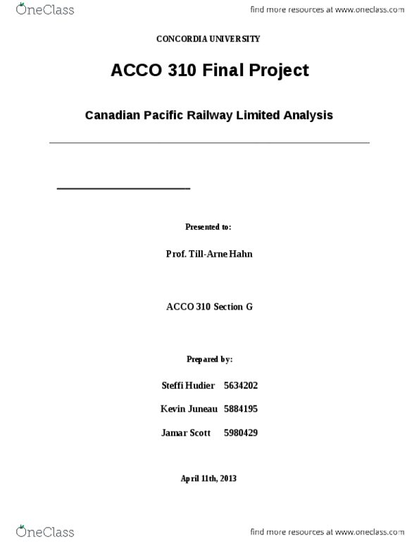 ACCO 310 Lecture Notes - Canadian National Railway, Income Statement, S&P Global thumbnail