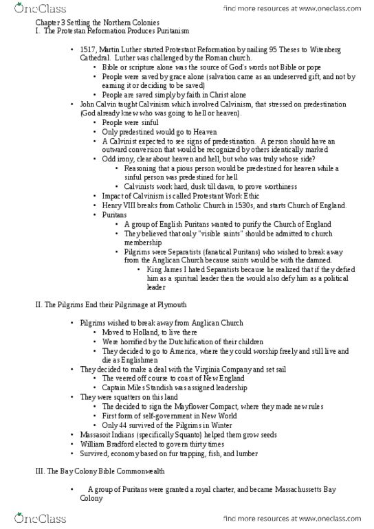 HIST-UA 9 Chapter Notes -Ninety-Five Theses, Calvinism, Puritans thumbnail