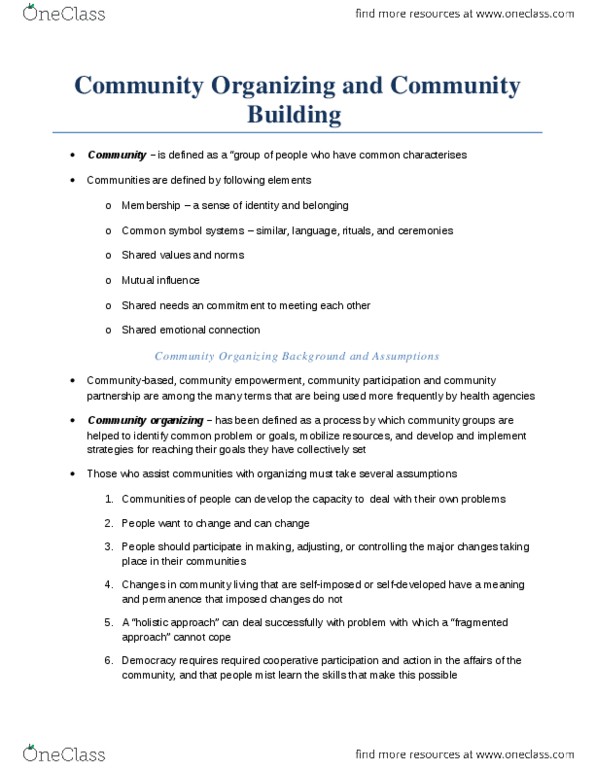 Health Sciences 2300A/B Chapter Notes -Community Organizing, United Voice, Community Building thumbnail