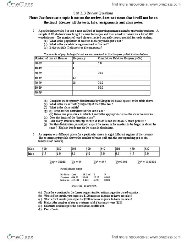 STAT 213 Study Guide - Winter 2013, Final - Frequency Distribution 