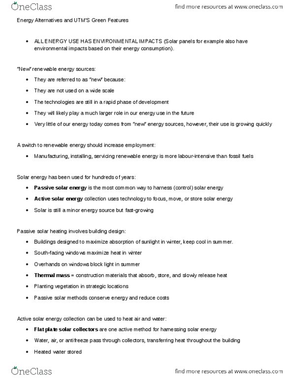 ENV100Y5 Lecture Notes - Renewable Energy, Active Solar, Hydrogen Fuel thumbnail