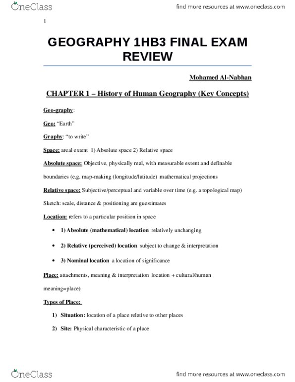 GEOG 1HB3 Final: GEOGRAPHY 1HB3 FINAL EXAM REVIEW.docx - OneClass