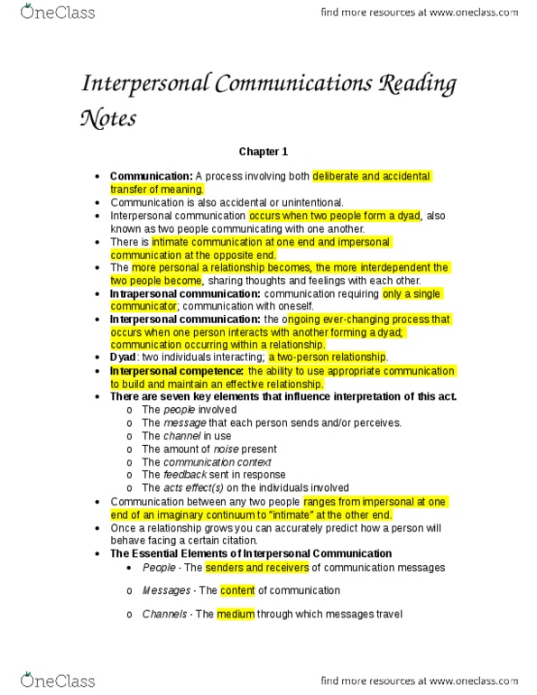 COMM1040 Chapter Notes - Chapter 1: Interpersonal Communication, Jargon, Negative Feedback thumbnail