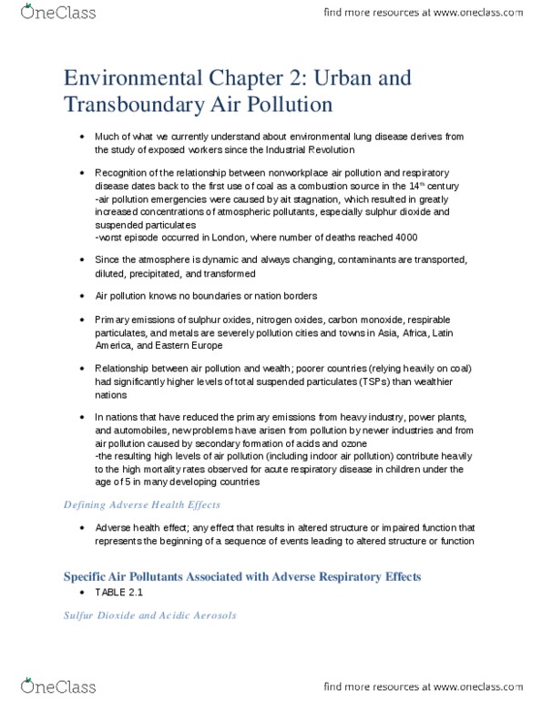 EESA10H3 Chapter Notes - Chapter 2: Indoor Air Quality, Sulfur Dioxide, Particulates thumbnail
