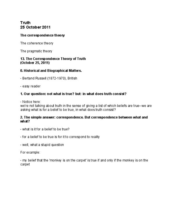 Philosophy 1020 Lecture Notes - Correspondence Theory Of Truth, Coherence Theory thumbnail