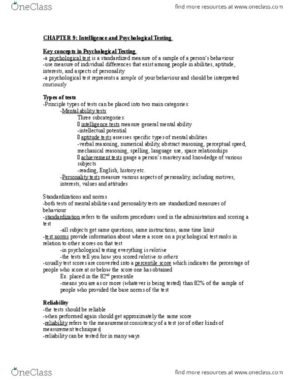 PSYC 1010 Chapter Notes - Chapter 9: Intelligence Quotient, Twin, Test Validity thumbnail