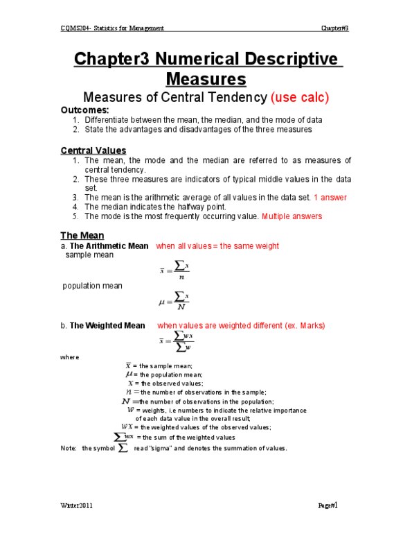 QMS 230 Chapter Notes - Chapter 3: Weighted Arithmetic Mean, Central Tendency, Data Set thumbnail
