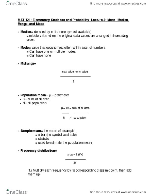 MAT 121 Lecture Notes - Lecture 3: On2 Technologies, Frequency Distribution, 32X thumbnail