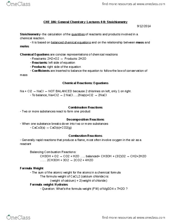 CHE 106 Lecture Notes - Lecture 4: Calcium Chloride, Chemical Formula, Chemical Equation thumbnail