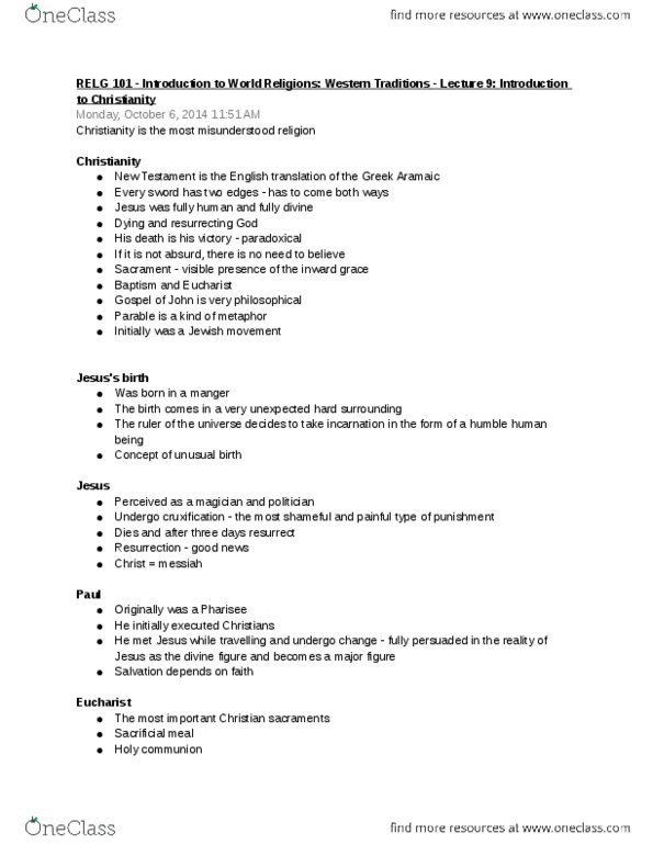 RELG 101 Lecture Notes - Lecture 9: Pharisees, Eucharist thumbnail