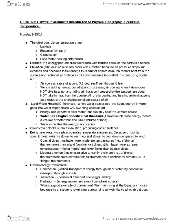 GEOG 170A1 Lecture Notes - Lecture 6: Hot Air Balloon, Heat Capacity, Advection thumbnail