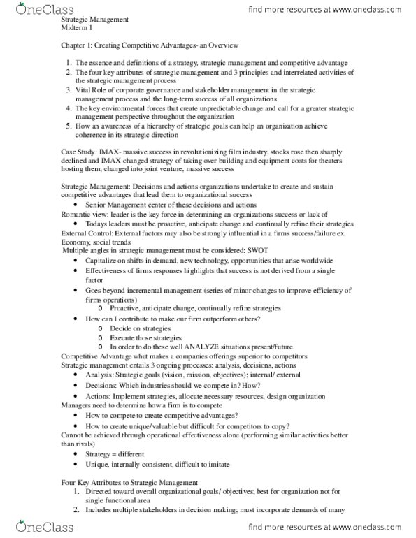 Management and Organizational Studies 4410A/B Chapter Notes -Dry Cleaning, Egotism, Swot Analysis thumbnail