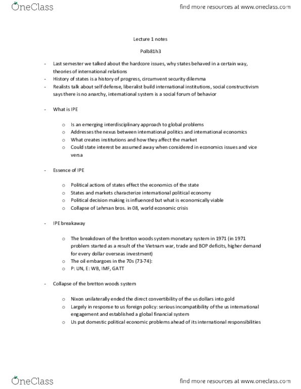POLB81H3 Lecture Notes - Lecture 1: Bretton Woods System, Global Financial System, General Agreement On Tariffs And Trade thumbnail