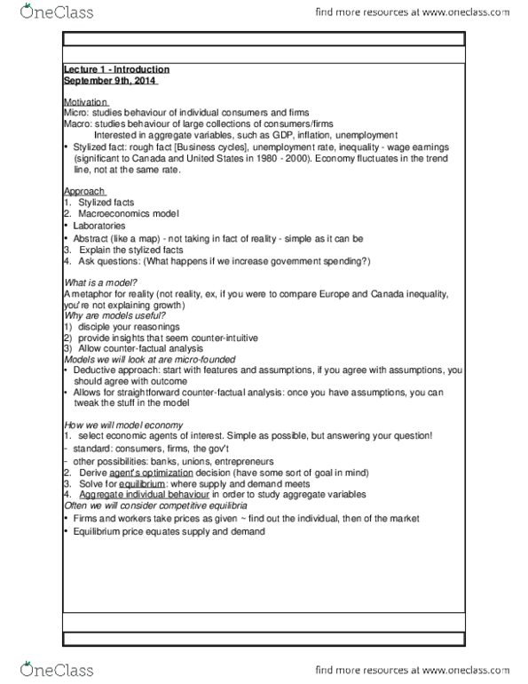 ECO209Y5 Lecture Notes - Lecture 1: Economic Equilibrium, Stylized Fact, Microfoundations thumbnail