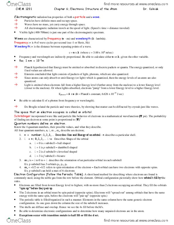 CHEM 1201 Chapter Notes - Chapter 6: Electromagnetic Radiation, Energy Level, Photon thumbnail