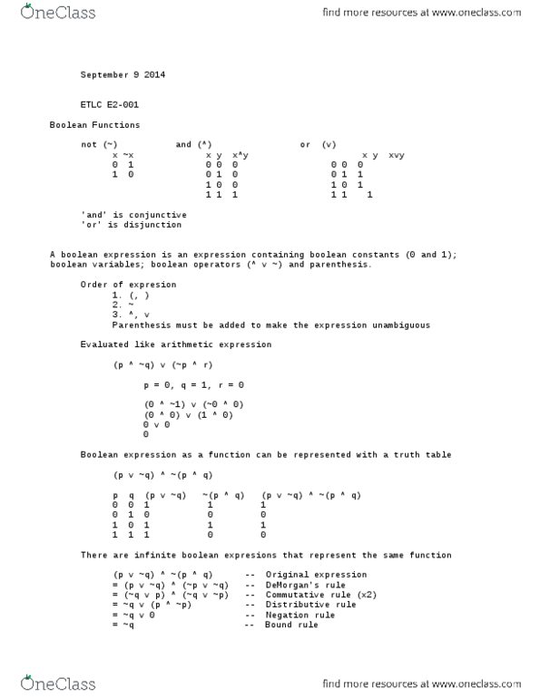 CMPUT272 Lecture Notes - Lecture 2: Boolean Expression, Boolean Function, Disjunctive Normal Form thumbnail