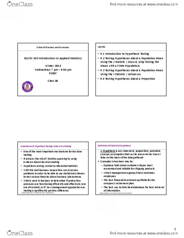 BU205 Chapter Notes -Null Hypothesis, Statistical Inference, Statistical Hypothesis Testing thumbnail