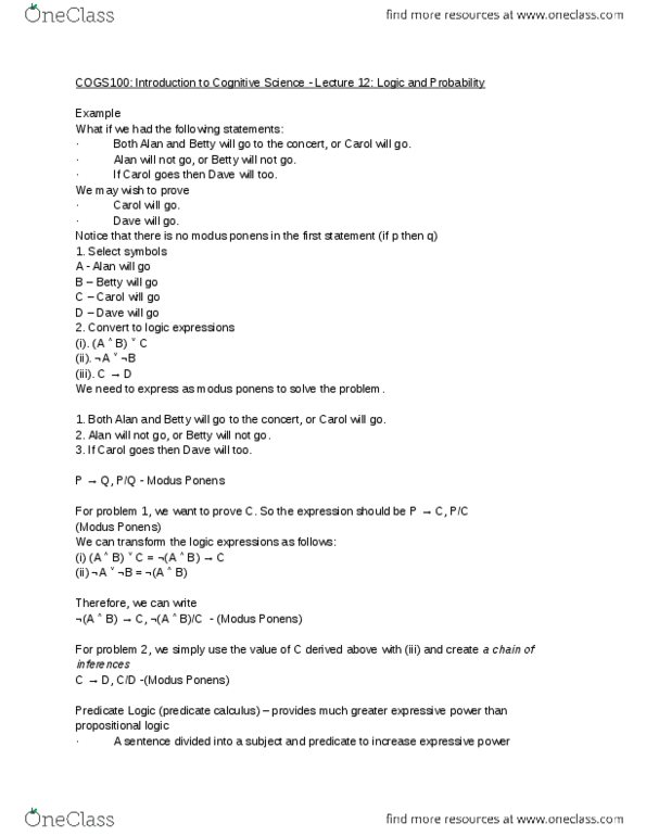 COGS 100 Lecture Notes - Lecture 12: Modus Ponens, Propositional Calculus, Problem Solving thumbnail