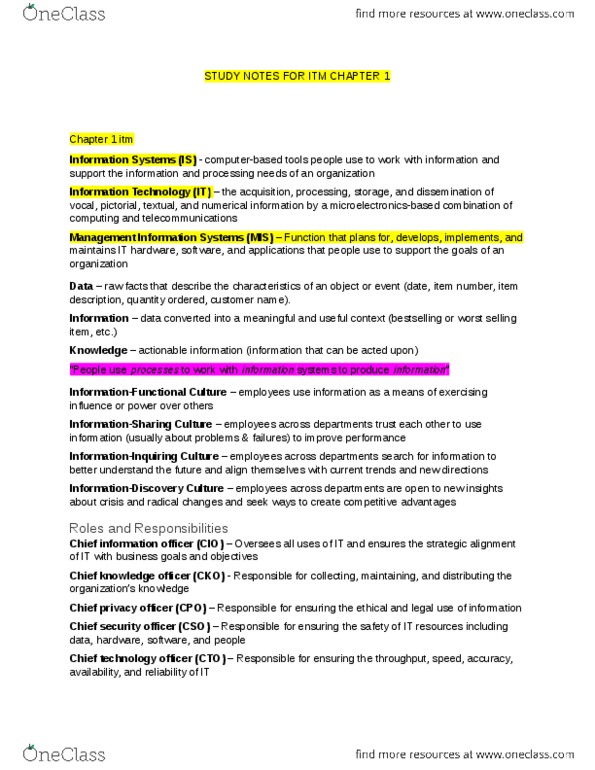 ITM 102 Chapter Notes - Chapter 1: Item Number, Information System, Loyalty Program thumbnail