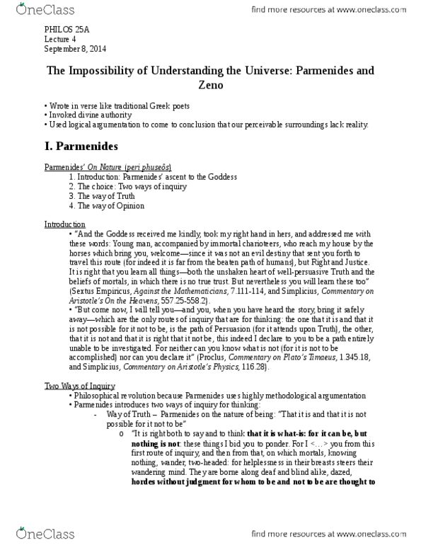 PHILOS 25A Lecture Notes - Lecture 4: Sextus Empiricus, Dazed, Monism thumbnail