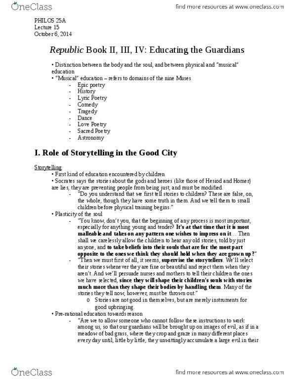PHILOS 25A Lecture 15: PHILOS 25A Lecture 15 (Republic Book II, III, IV; Educating the Guardians) (October 6, 2014).docx thumbnail