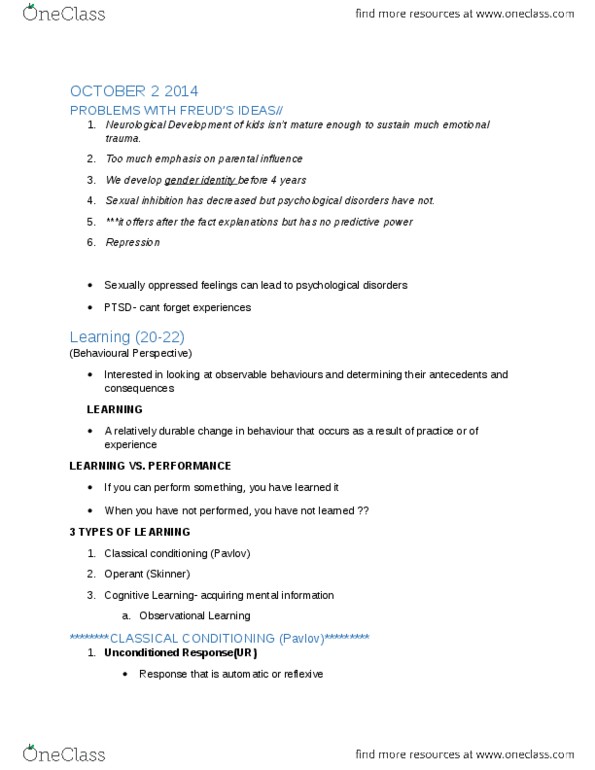 PSYC 1010 Lecture Notes - Lecture 5: Sexual Inhibition, Posttraumatic Stress Disorder, Observational Learning thumbnail