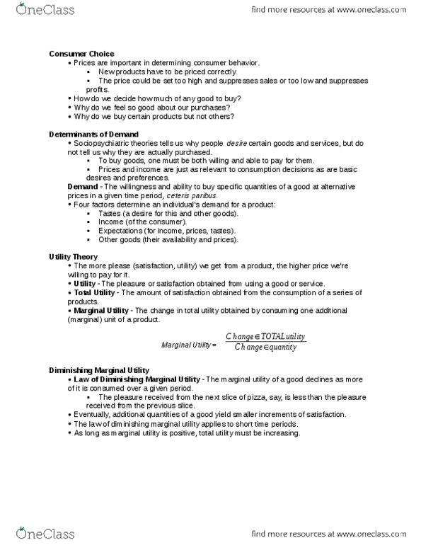 ECON 2001 Lecture Notes - Lecture 7: Marginal Utility, Price Discrimination, Ceteris Paribus thumbnail