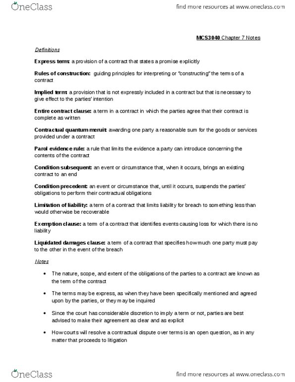 MCS 3040 Chapter Notes - Chapter 7: Condition Subsequent, Parol Evidence Rule, Liquidated Damages thumbnail