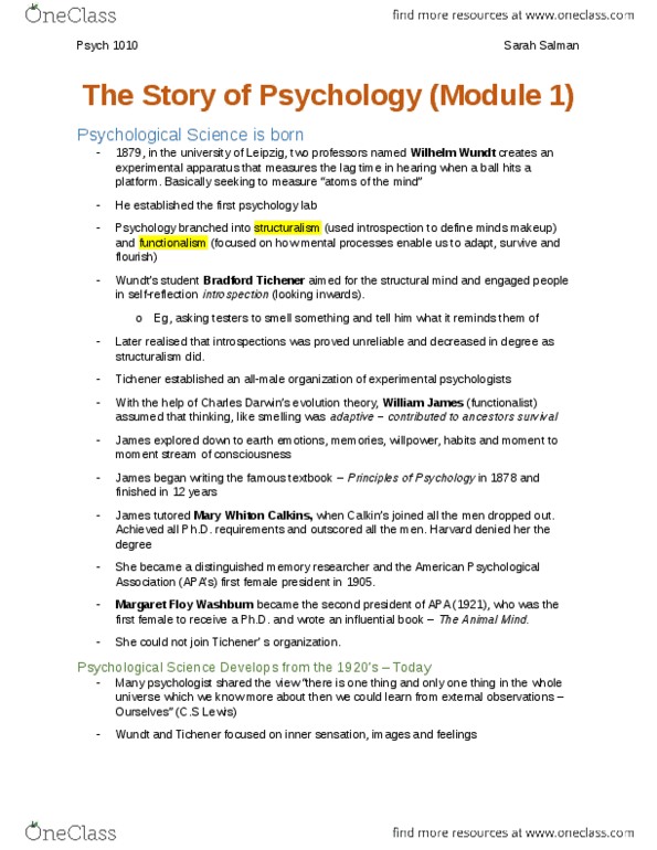 PSYC 1010 Chapter Notes -Psychological Science, Wilhelm Wundt, Psych thumbnail