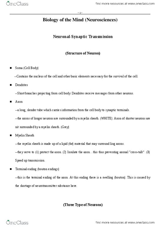 PSY 1101 Lecture Notes - Lecture 1: Myelin, Central Nervous System, Cell Membrane thumbnail