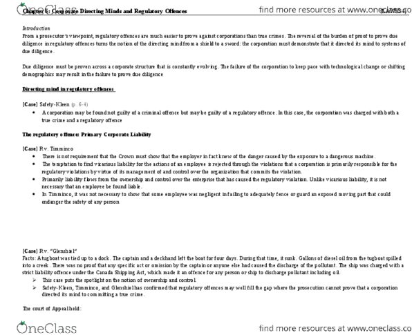 LAW 534 Chapter Notes - Chapter 6: Regulatory Offence, Due Diligence, True Crime thumbnail