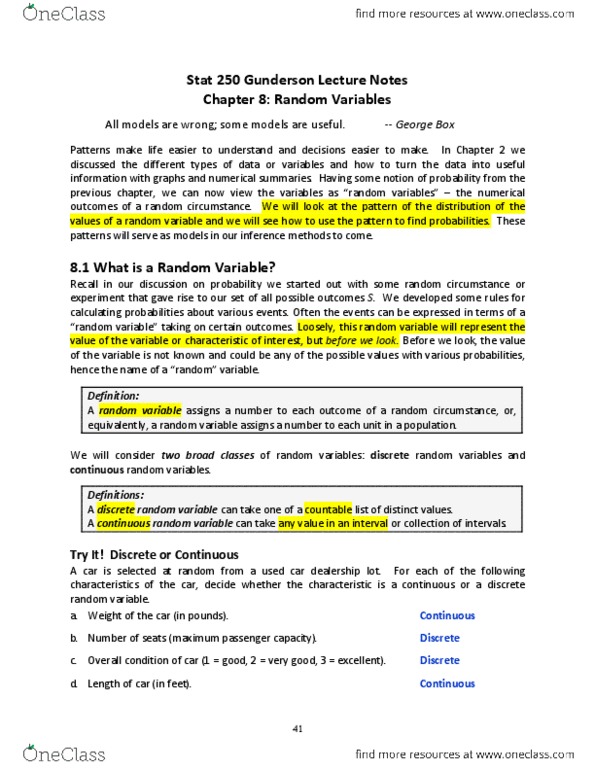 STATS 250 Lecture Notes - Lecture 6: Cumulative Distribution Function, Sample Space, George E. P. Box thumbnail